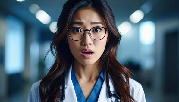 驚いた表情の女性医師 驚いた表情の女性医師の写真