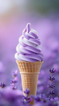 Enjoying soft serve ice cream in a lavender field, lavender taste, soft cream, ice cream, JPG