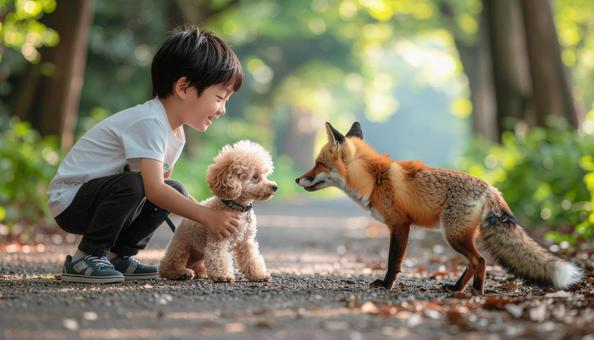 散歩中のトイプードルにキツネが興味津々 散歩中のトイプードルにキツネが興味津々の写真