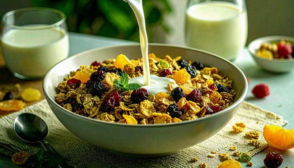 ドライフルーツ入りグラノーラに牛乳を注ぐの写真
