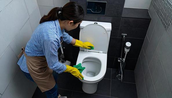 トイレ清掃する日本人女性 拭き掃除 トイレ清掃する日本人女性 拭き掃除の写真