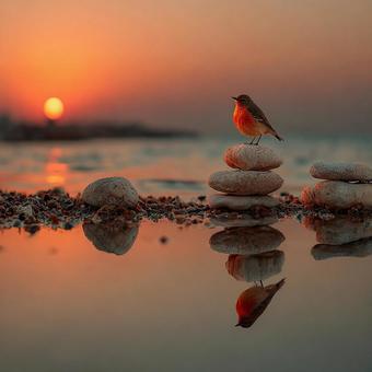 静寂な夕暮れ:積み石に止まる鳥の姿 静寂な夕暮れ:積み石に止まる鳥の姿の写真