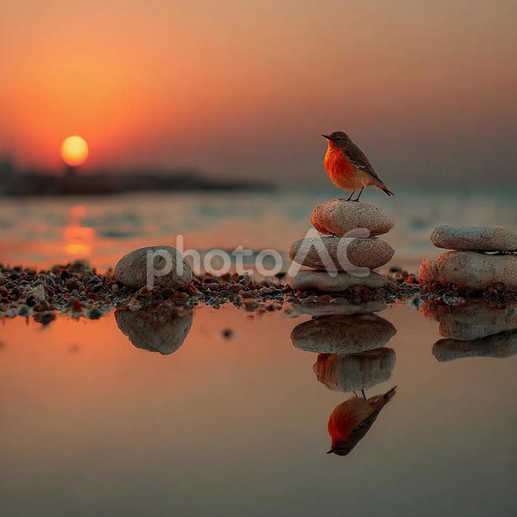 静寂な夕暮れ：積み石に止まる鳥の姿 鳥,積み石,バランスストーンの写真素材