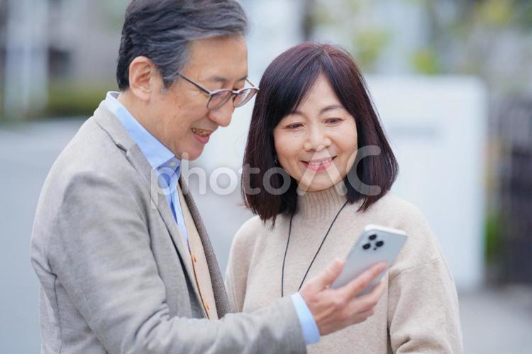 屋外でスマートフォンを見ている高齢夫婦 夫婦,男性,女性の写真素材