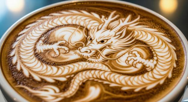 龍が描かれた迫力あるラテアートの写真