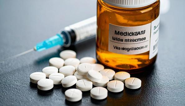 治療薬 白い錠剤と注射器と薬瓶 治療薬 白い錠剤と注射器と薬瓶の写真