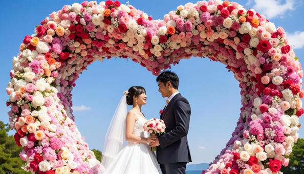 ハート形の花のアーチの前の新郎新婦 ハート形の花のアーチの前の新郎新婦の写真
