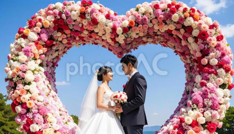 ハート形の花のアーチの前の新郎新婦 ウエディング,アーチ,デコレーションの写真素材