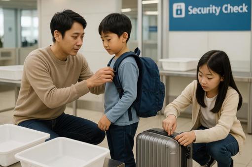 手荷物検査後に荷物を整える日本人親子の写真