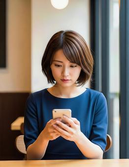 紺色の服の女性が真剣な顔でスマホを見る 紺色の服の女性が真剣な顔でスマホを見るの写真