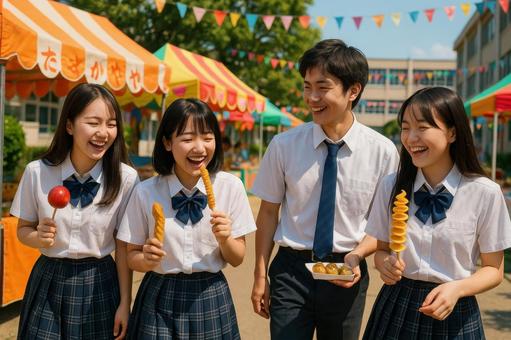 屋台を巡る生徒たちの笑顔の写真