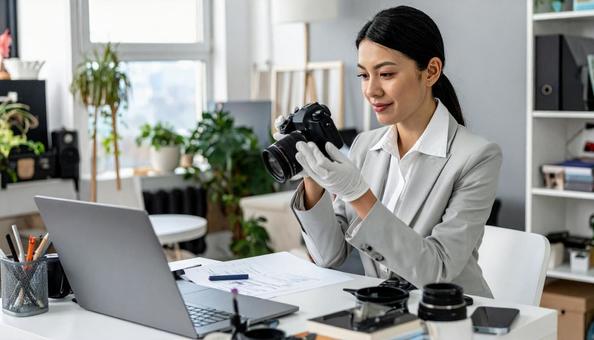 カメラのレンズを査定する女性 カメラのレンズを査定する女性の写真