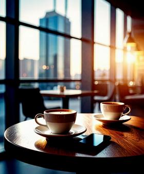 都会のコーヒーショップにての写真