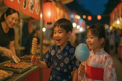 屋台を楽しむ子供達 屋台を楽しむ子供達の写真