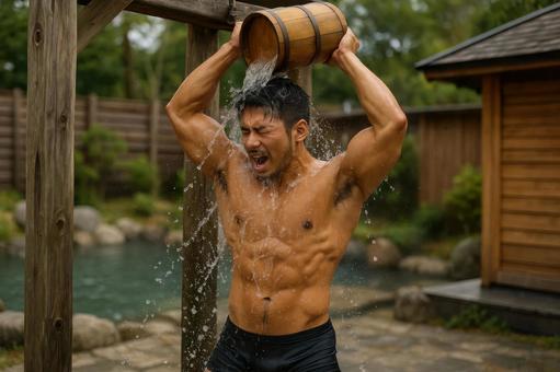 サウナ後に冷水を浴びる男性 サウナ後に冷水を浴びる男性の写真