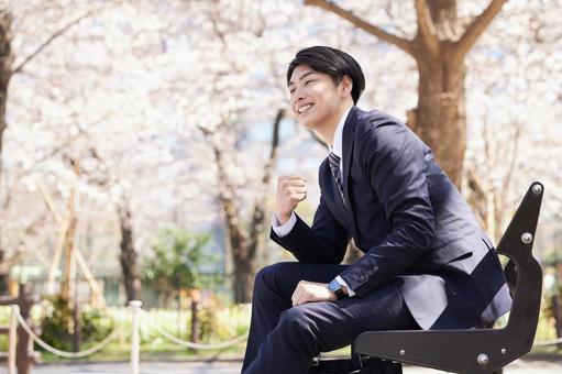 Japanese male businessman doing guts pose, businessman, male, a smile, JPG