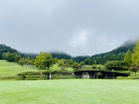 石橋のあるグリーンとゴルファー ゴルフ場,グリーンパークカントリークラブ,ゴルフの写真素材