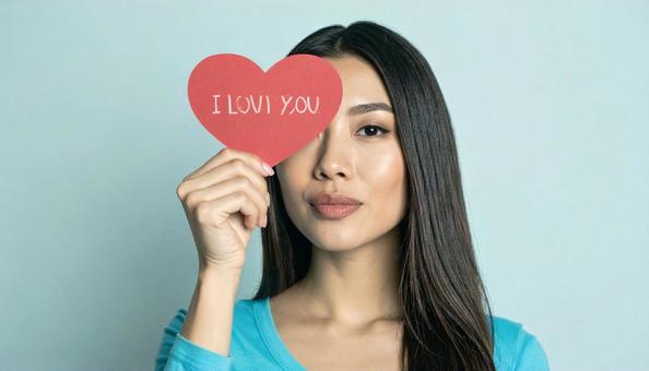 アイラブユーと書かれたハートを持つ女性 アイラブユーと書かれたハートを持つ女性の写真