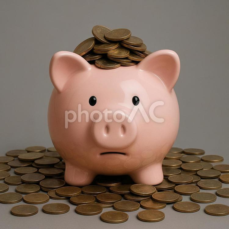 貯金箱と溢れる硬貨 貯金箱,豚,資産の写真素材