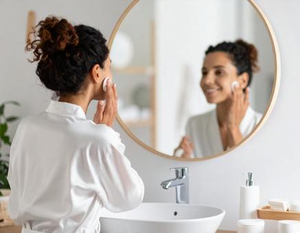 スキンケアをする女性 スキンケアをする女性の写真
