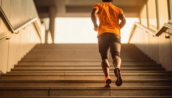 階段を駆け上がる日本人の男性ランナー 階段を駆け上がる日本人の男性ランナーの写真
