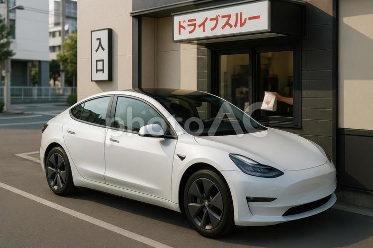 ドライブスルー利用EV 電気自動車,ev,ドライブスルーの写真素材