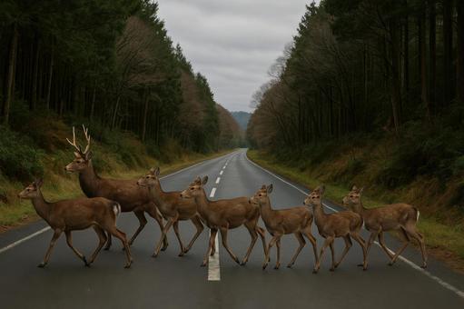 道路を横断する鹿 道路を横断する鹿の写真