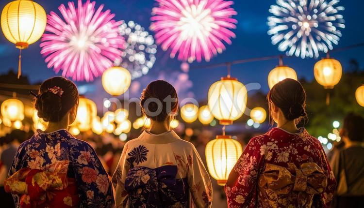 浴衣姿で夜空の花火を見ている日本の夏祭り 日本の夏祭り,浴衣,花火の写真素材