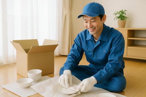 食器を梱包する引越し作業員 食器を梱包する引越し作業員の写真