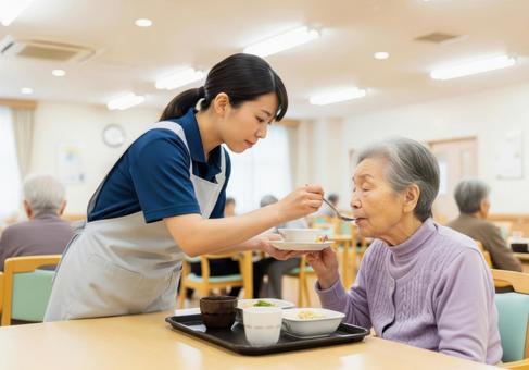 女性介護士が高齢女性に食事介助する場面 女性介護士が高齢女性に食事介助する場面の写真