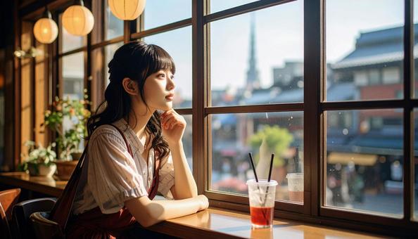 おしゃれなカフェの窓辺の女の子の写真