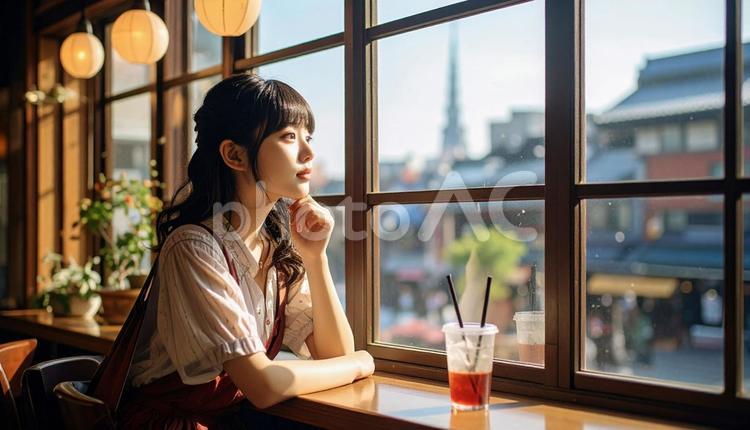 おしゃれなカフェの窓辺の女の子 女の子,頬杖,見上げるの写真素材