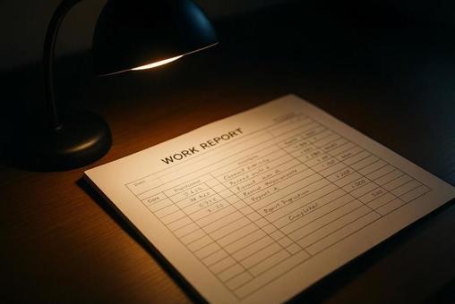 夜間のデスクの下で広げられた業務日報 夜間のデスクの下で広げられた業務日報の写真