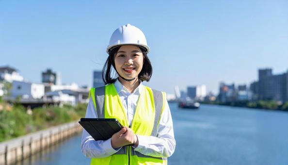 建設現場のヘルメットと作業服の日本人女性 建設現場のヘルメットと作業服の日本人女性の写真