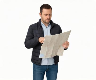 ナビがない状況で迷う若い男性 ナビがない状況で迷う若い男性の写真