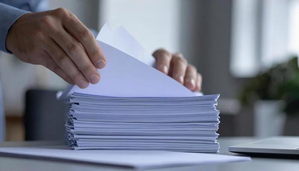 重なった白いコピー用紙をめくる手の写真