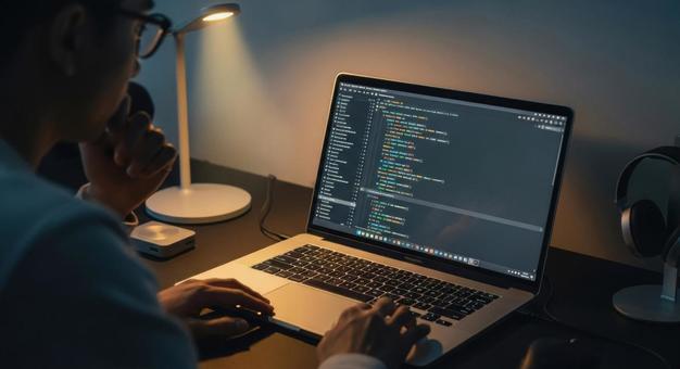 ノートパソコンでコードを書くプログラマーの写真
