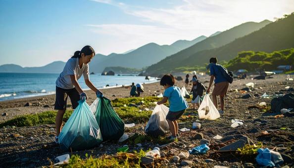 ボランティアで海辺のごみ拾いをする親子 ボランティアで海辺のごみ拾いをする親子の写真