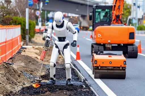 近未来の道路工事で作業するAIロボット 近未来の道路工事で作業するAIロボットの写真