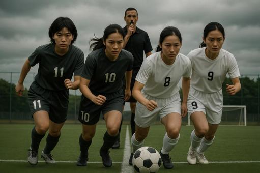 試合開始のホイッスルを迎える女子選手たち 試合開始のホイッスルを迎える女子選手たちの写真