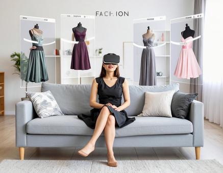 VRゴーグルを使ってドレスを選ぶ女性 VRゴーグルを使ってドレスを選ぶ女性の写真