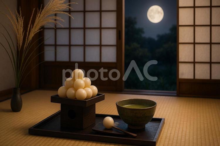 月見団子とすすきの十五夜風景 畳,侘び,抹茶の写真素材