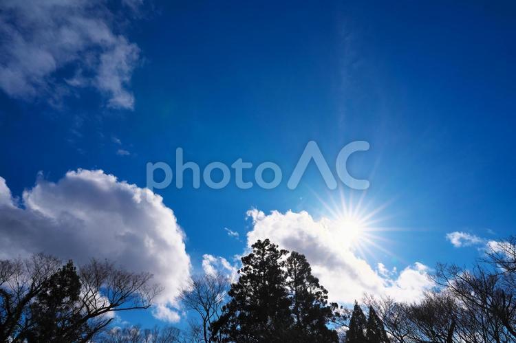 冬の青空と輝く光条 光条,太陽,青空の写真素材