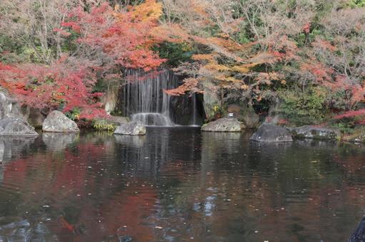 紅葉と冬枯れの入り混じった好古園の滝と池 紅葉と冬枯れの入り混じった好古園の滝と池の写真