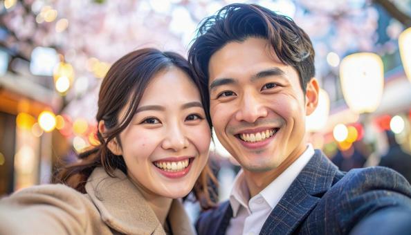 桜の木の下で自撮りするカップル 桜の木の下で自撮りするカップルの写真