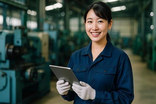 工場でタブレットを持つ笑顔の女性・労働安 工場でタブレットを持つ笑顔の女性・労働安の写真