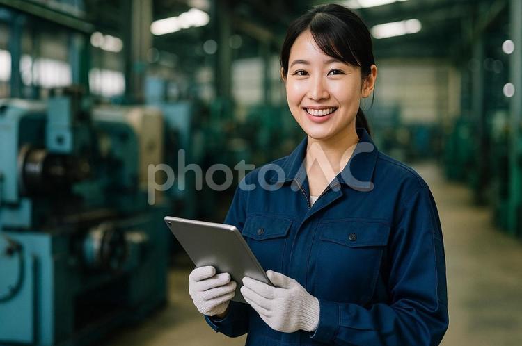 工場でタブレットを持つ笑顔の女性・労働安 工場,女性作業員,タブレットの写真素材
