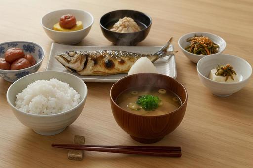 焼き魚と味噌汁の和朝食セット 焼き魚と味噌汁の和朝食セットの写真