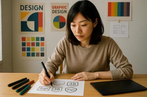 看板デザインを描く女性 看板デザインを描く女性の写真