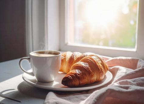 コーヒーとクロワッサンのシンプルな朝食の写真